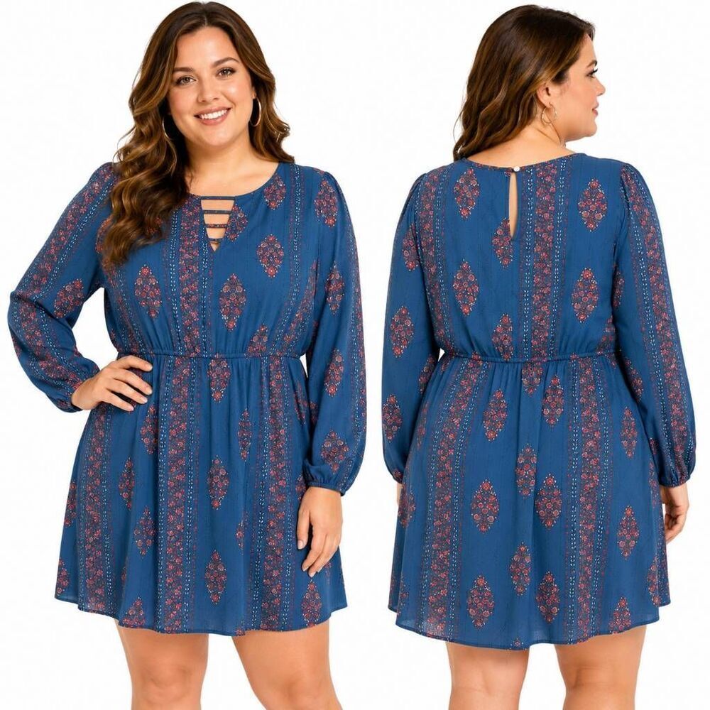 Maurices XS Blue Floral Boho Dress Long Sleeve Keyhole